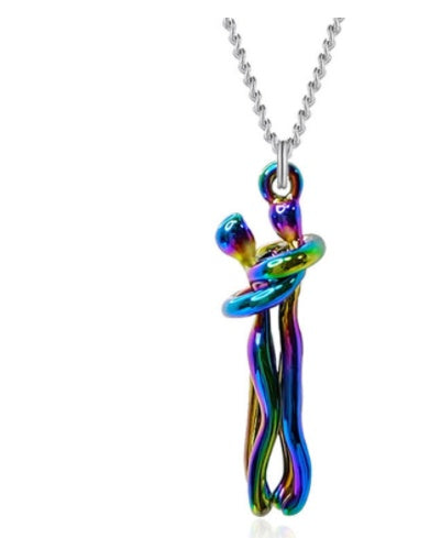 Rainbow hug pendant necklace with multicolor linked figures and silver chain