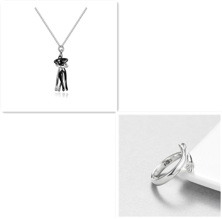 Love hug pendant necklace with black and silver hugging couple charm