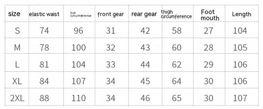 Size chart for men’s, women’s, or kids’ apparel with measurements for waist, hip, inseam, and length