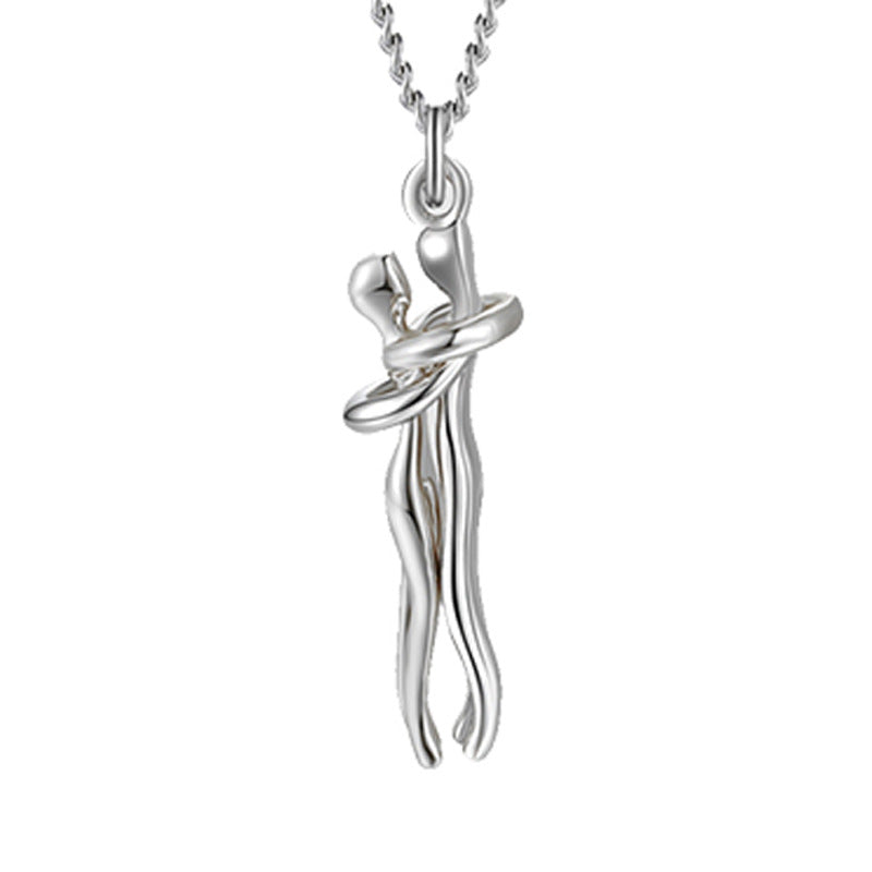 Silver hug pendant necklace with interlocking figure charm on a chain
