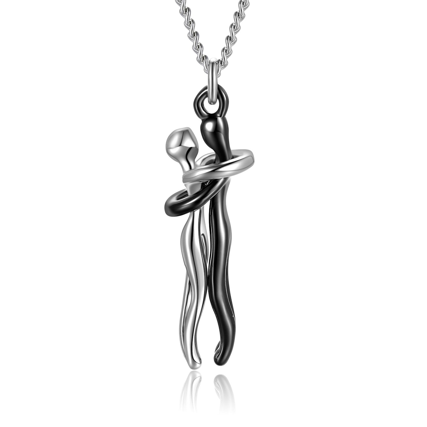 Silver hug pendant necklace with black interlocking figure charm on chain