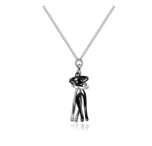 Silver hug pendant necklace with linked figures and black accent on chain