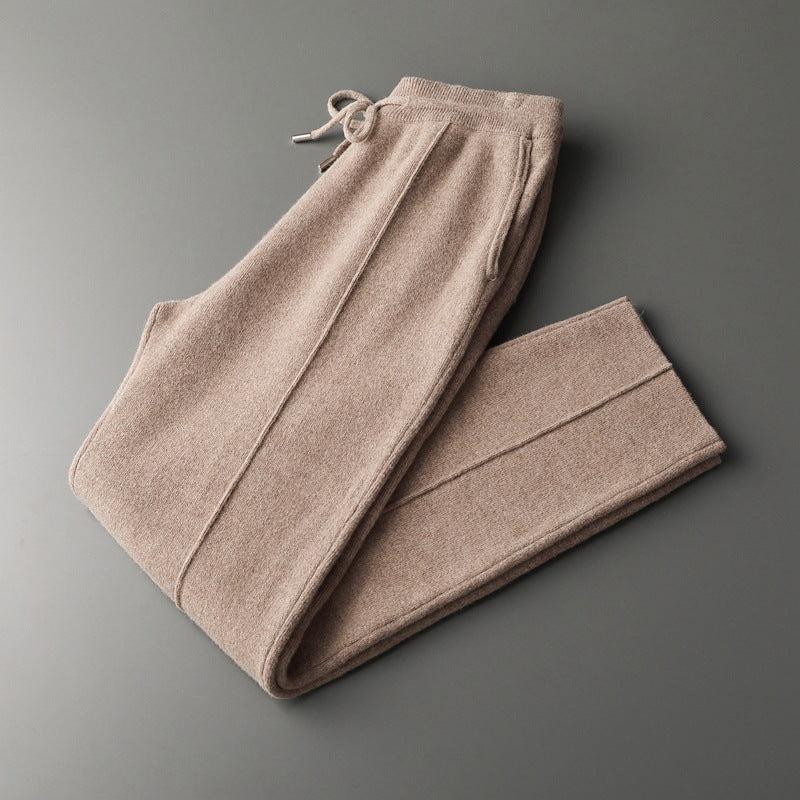 Soft beige knit joggers with drawstring waist, cozy casual lounge pants for everyday wear