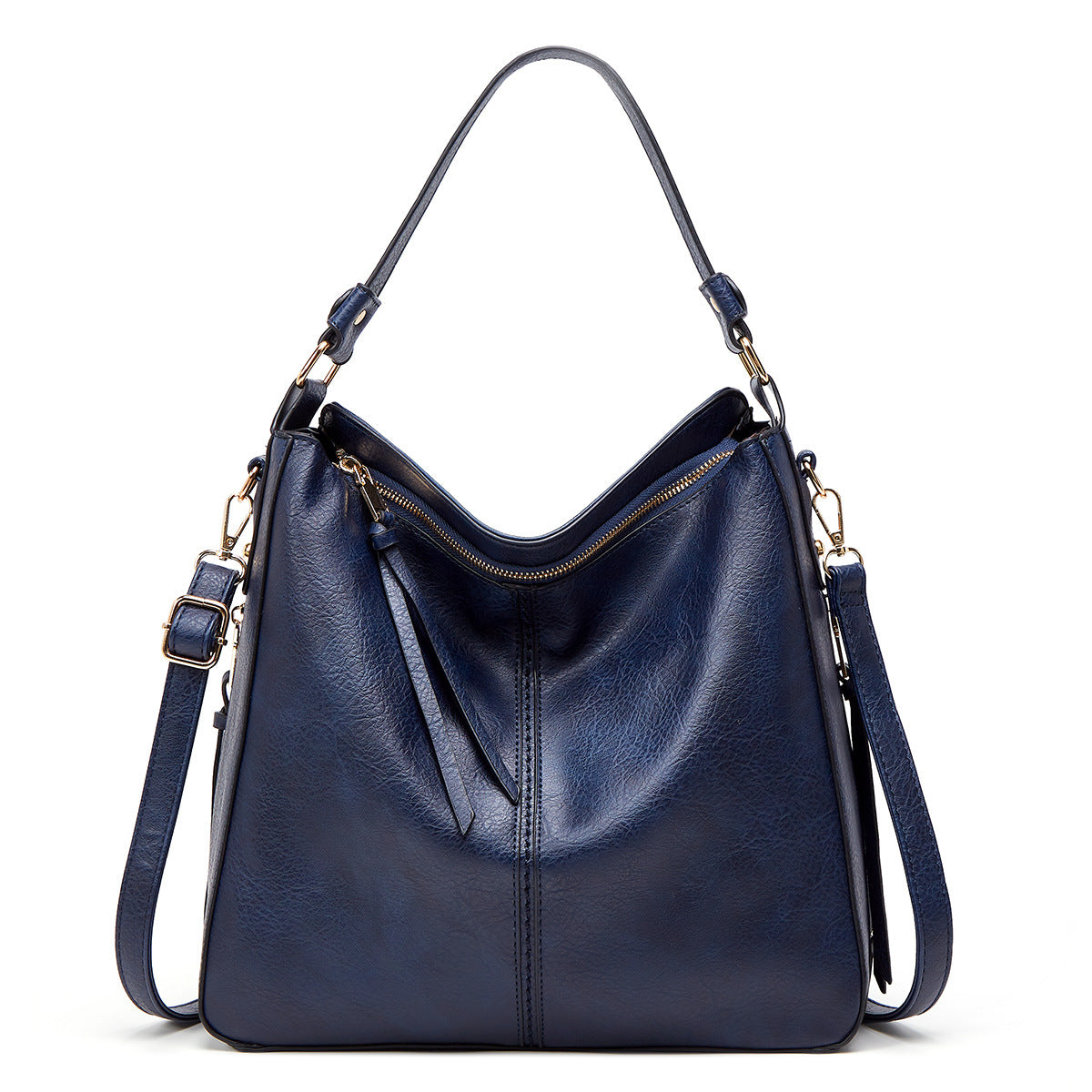 Navy blue zipper bucket bag with adjustable shoulder straps and top zip
