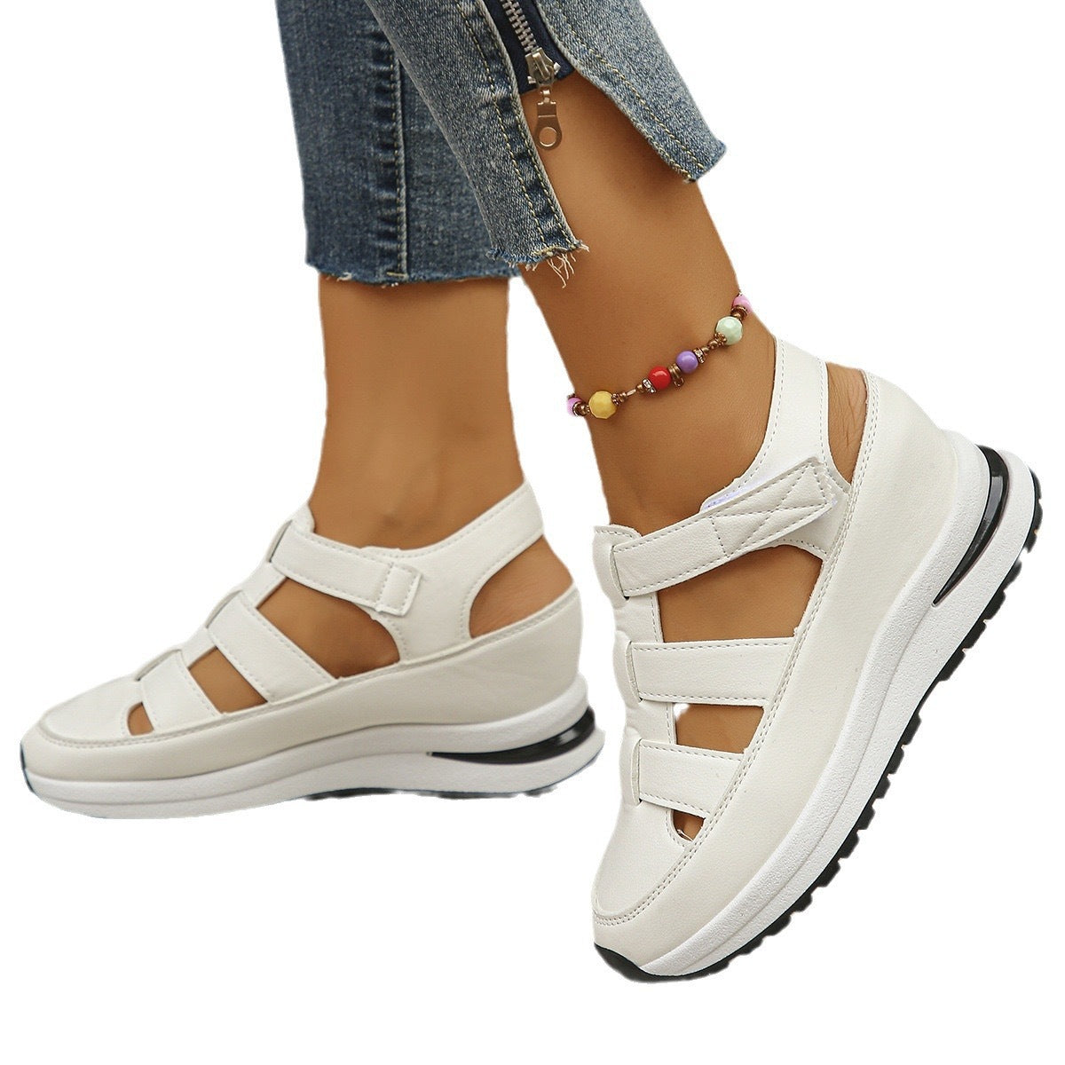 Women’s wedge cutout strap shoes, white leather-look with double-strap upper