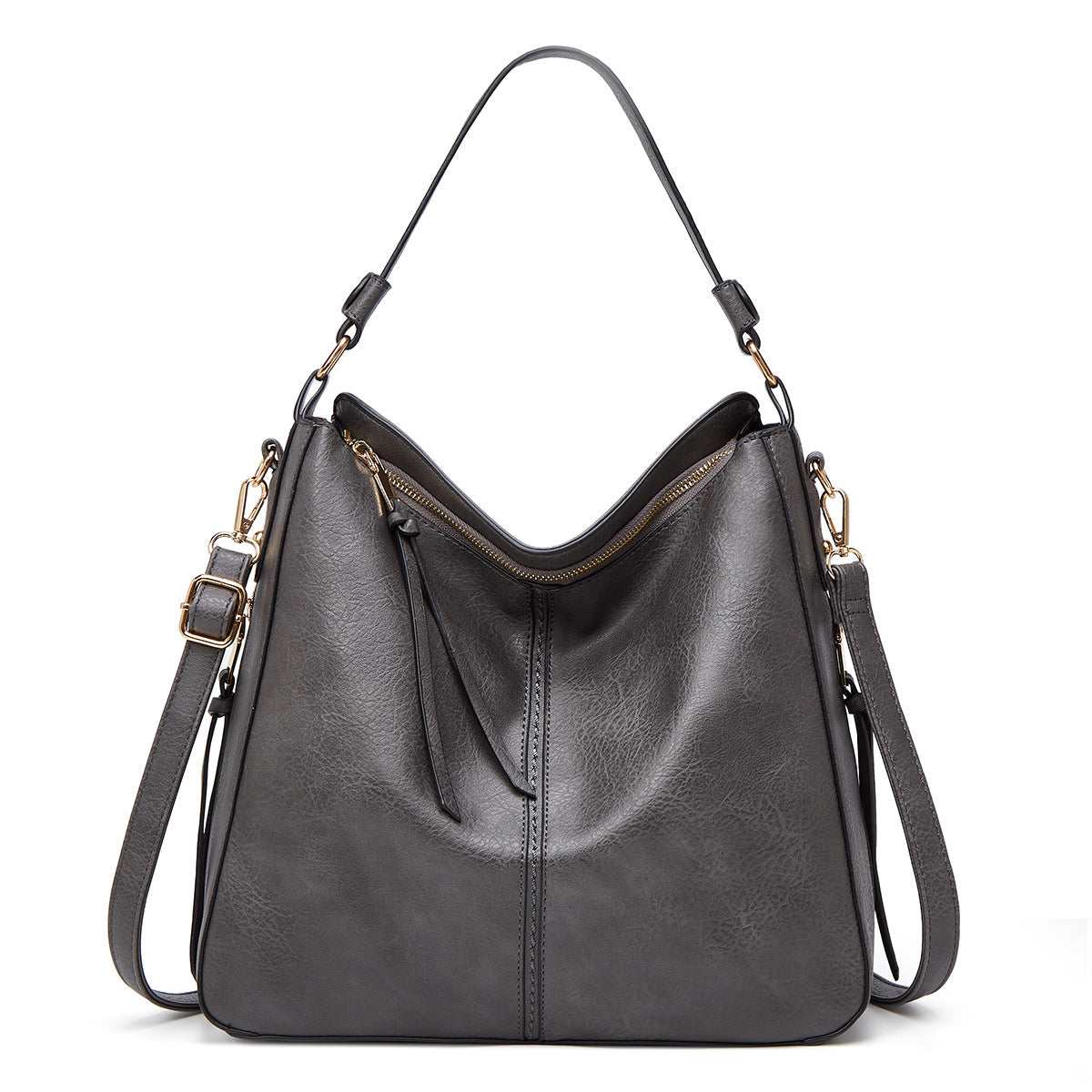 Charcoal gray zipper bucket bag with adjustable shoulder straps and top zip