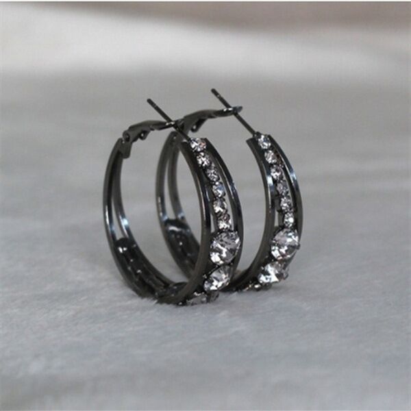 Black-tone hoop earrings with pavé mosaic stones and hinged backs