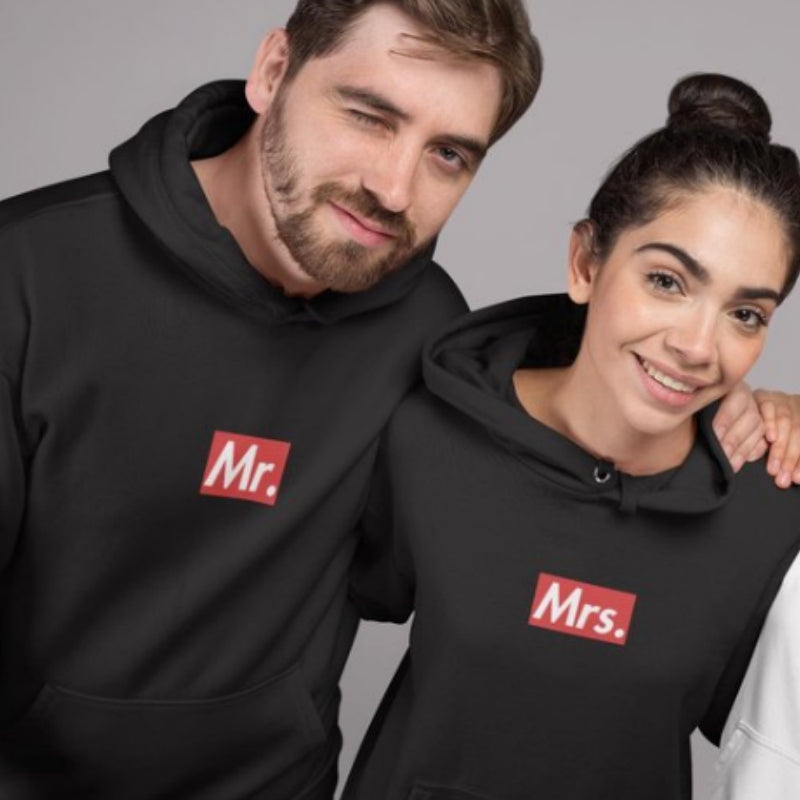 Mr and Mrs matching black hoodies with red logo, couples fashion apparel