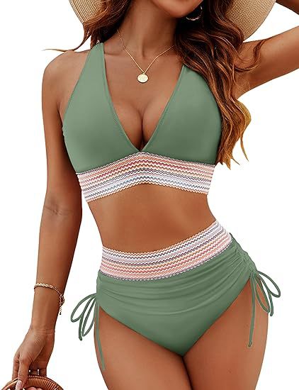 Green bikini set with striped design on a white background