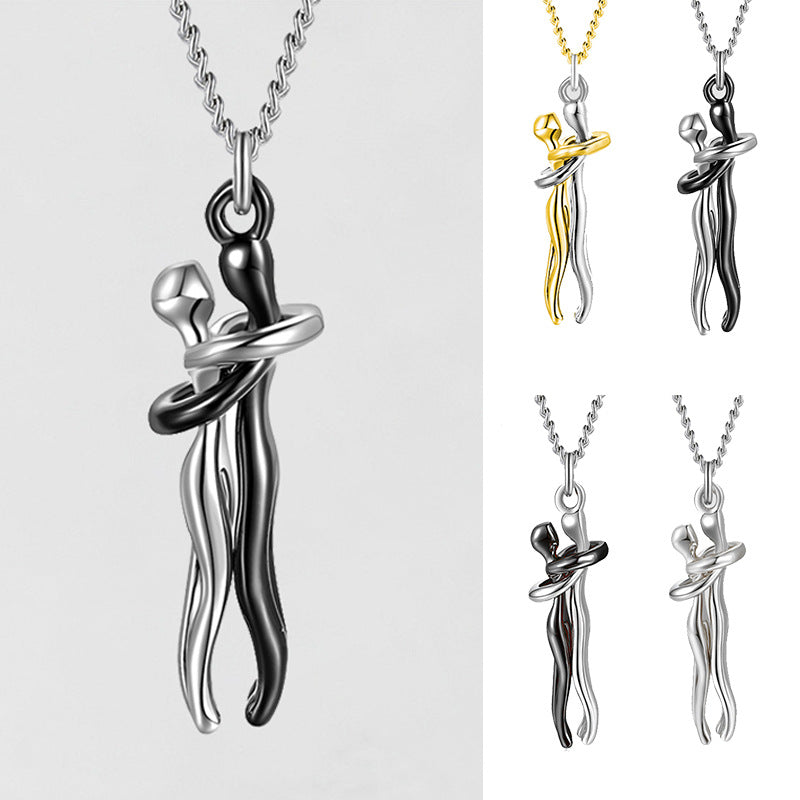 Love hug pendant necklace set with ring, two-tone hugging couple charms