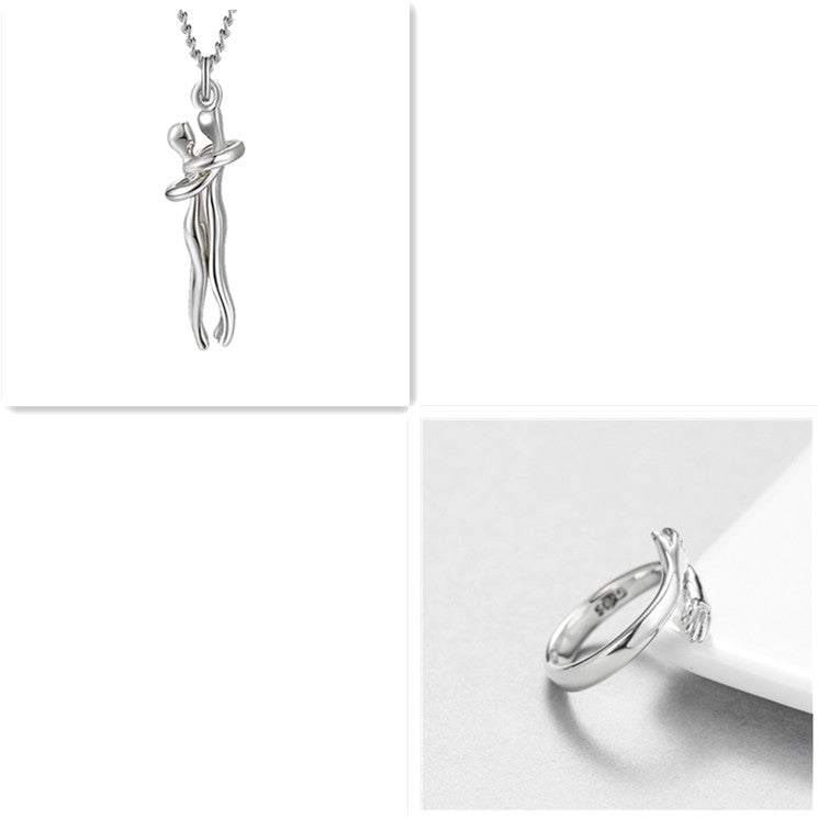 Silver love hug pendant necklace with hugging couple charm and chain