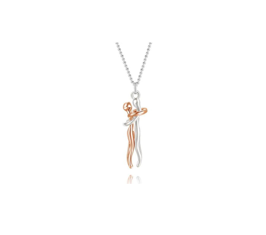 Rose gold and silver-tone love hug pendant necklace with clasped figures, silver chain