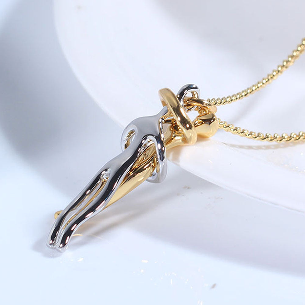 Two-tone hug pendant necklace with gold chain and curved linked figures