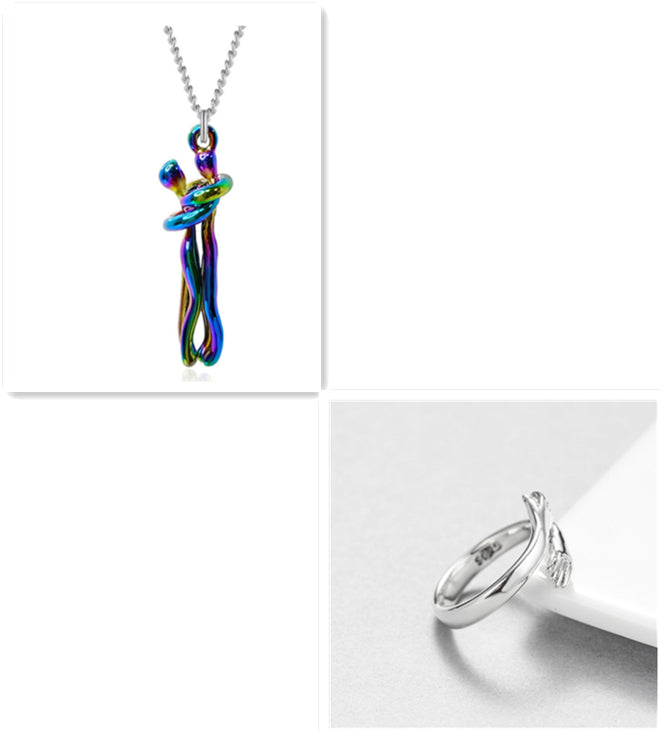 Rainbow enamel love hug pendant necklace with clasped figures, silver chain