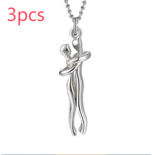 Silver-tone love hug pendant necklace with two linked figures, silver chain