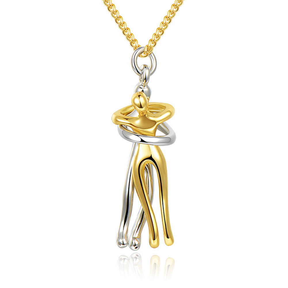Gold and silver hug pendant necklace with interlocking figure charm