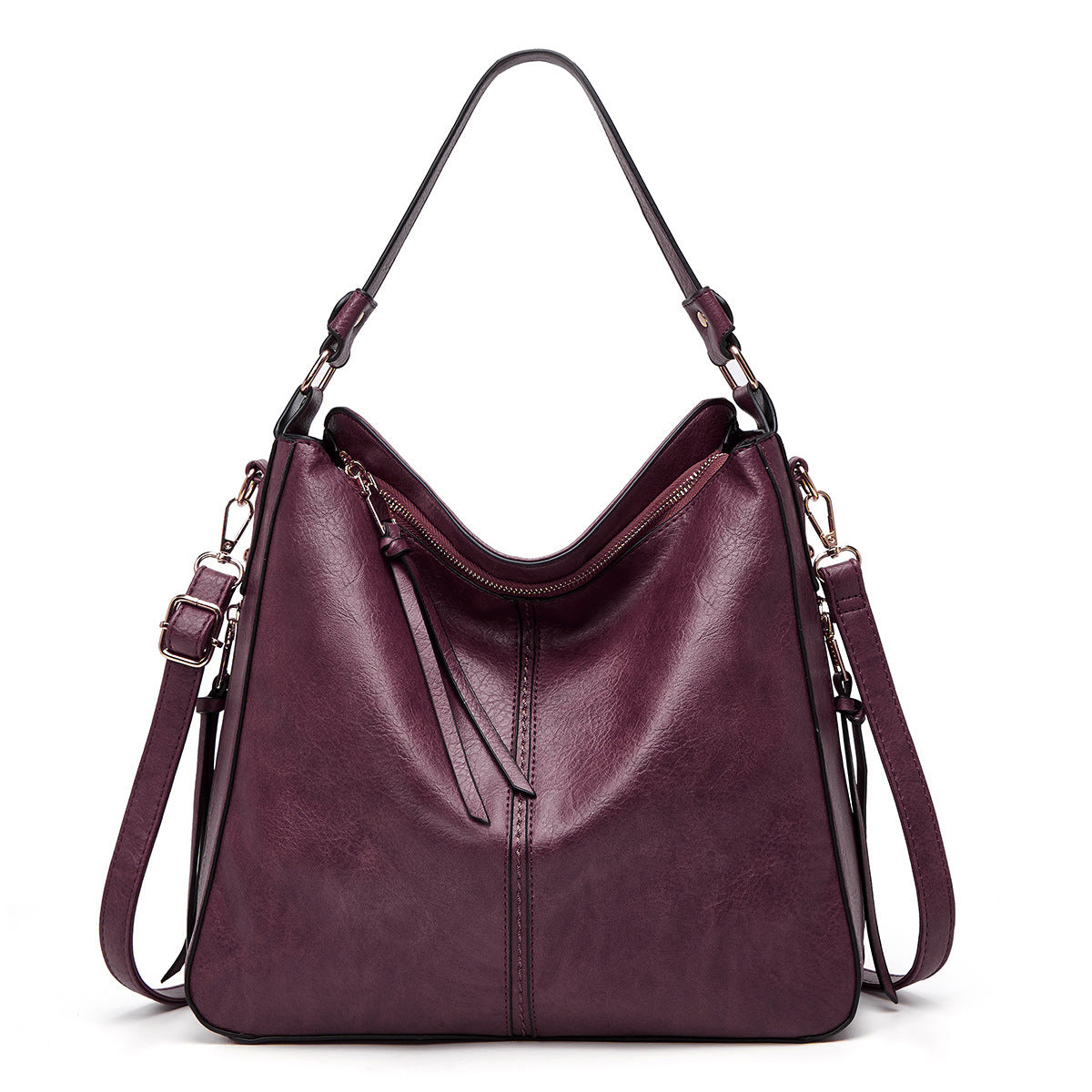 Hobo bucket handbag with zip top and adjustable shoulder strap, plum leather-look