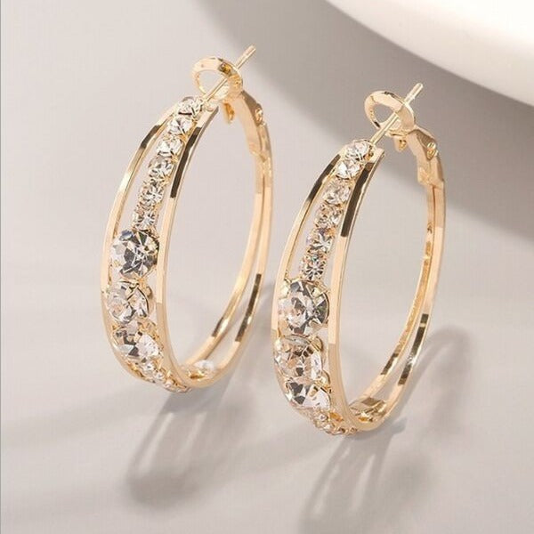 Gold hoop earrings with clear rhinestone mosaic, hinged clasp, 2 pairs