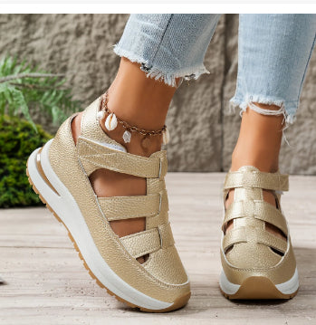 Women’s wedge cutout strap shoes, gold-tan leather-look with wide straps