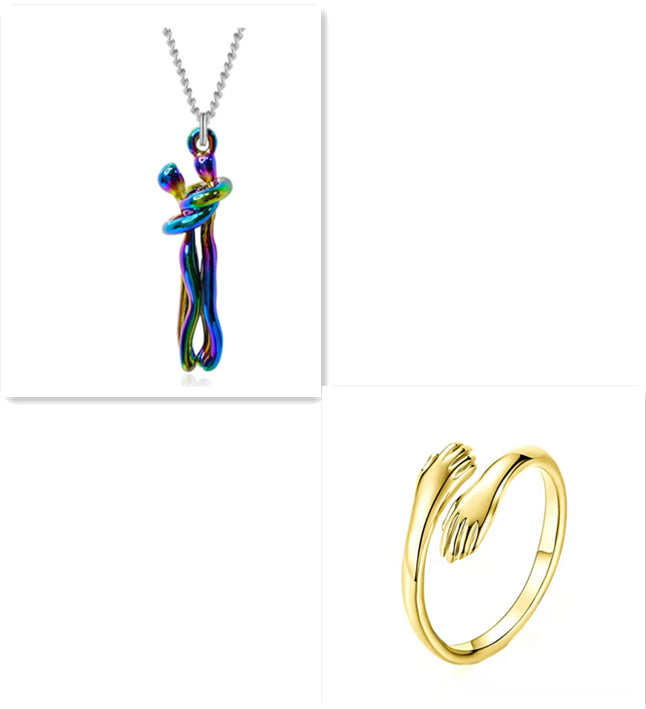 Rainbow enamel love hug pendant necklace with clasped figures, silver chain