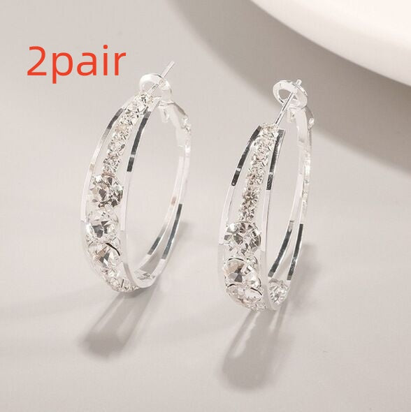 Silver hoop earrings with clear rhinestone mosaic, hinged clasp, 2 pairs