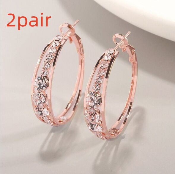 Rose gold hoop earrings with clear rhinestone mosaic, hinged clasp, 2 pairs