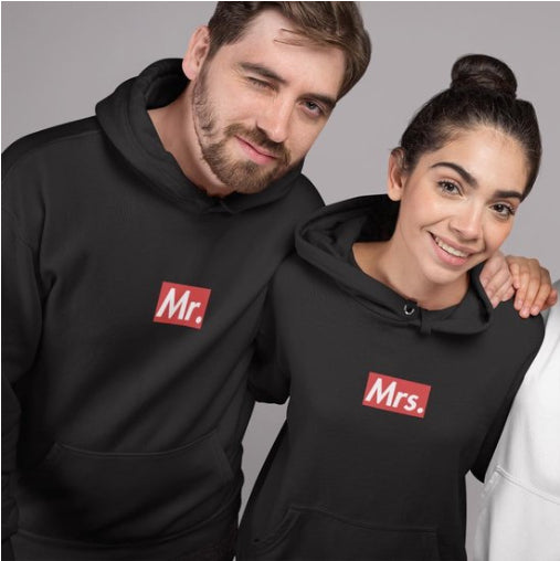 Mr. and Mrs. matching black hoodies for couples, stylish casual wear