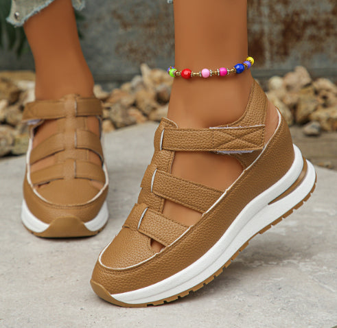 Women’s wedge cutout strap shoes, tan leather-look with hook-and-loop straps