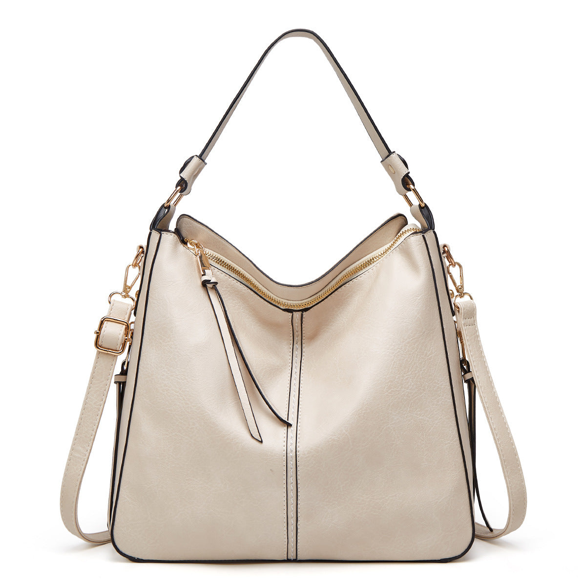 Beige zipper bucket bag with adjustable shoulder straps and gold hardware