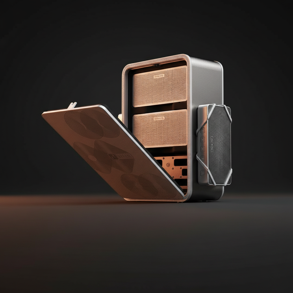 Modern portable speaker with sleek design and dual audio drivers for rich sound quality
